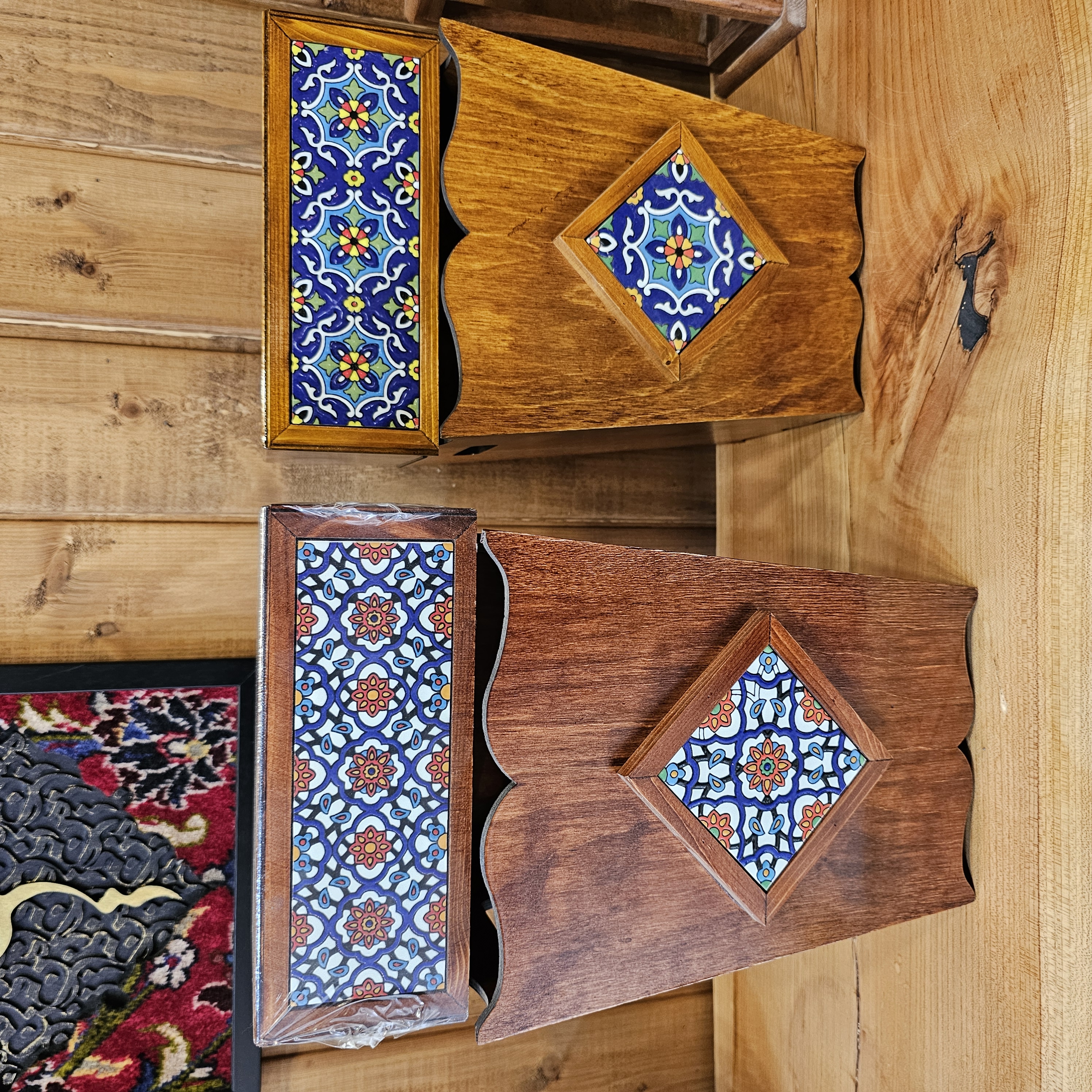 ست سطل و جعبه دستمال کاغذی چوبی طرح کاشی ایرانی
