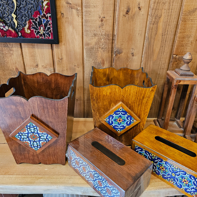 ست سطل و جعبه دستمال کاغذی چوبی طرح کاشی ایرانی