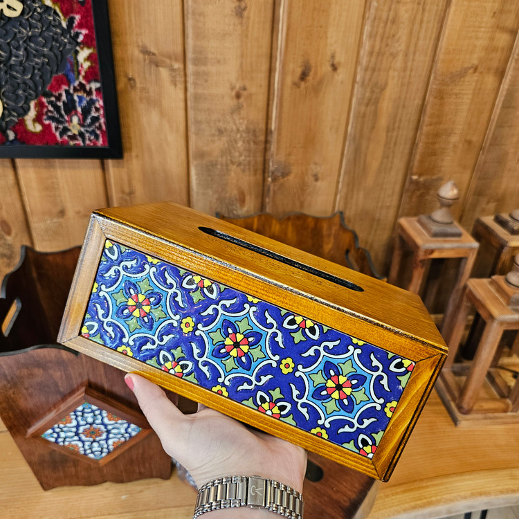 ست سطل و جعبه دستمال کاغذی چوبی طرح کاشی ایرانی